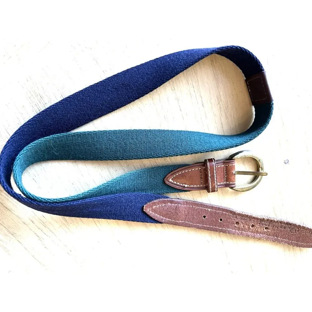 2* VTG Golf Belt Men 42/44 Burgundy Blue Stripe Canvas Brown Leather Colours R